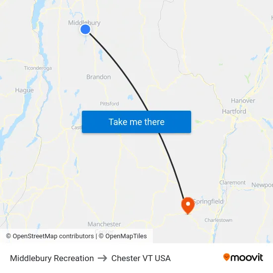 Middlebury Recreation to Chester VT USA map