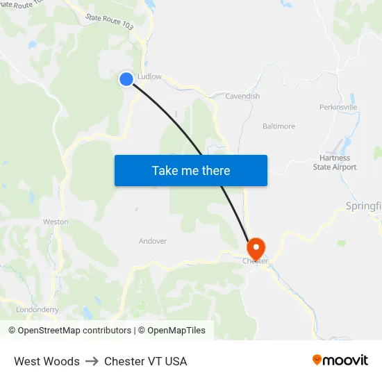 West Woods to Chester VT USA map