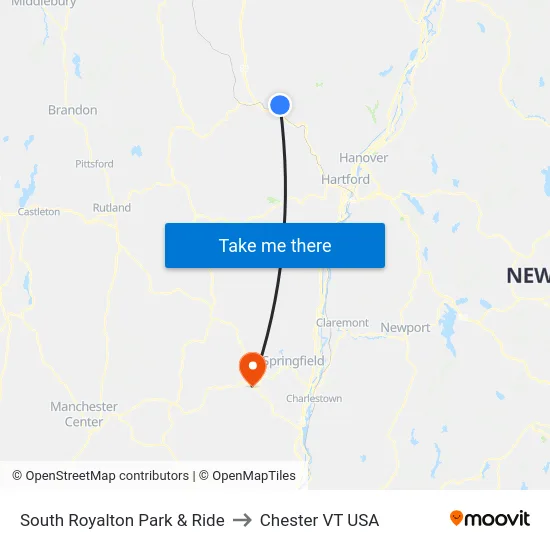 South Royalton Park & Ride to Chester VT USA map