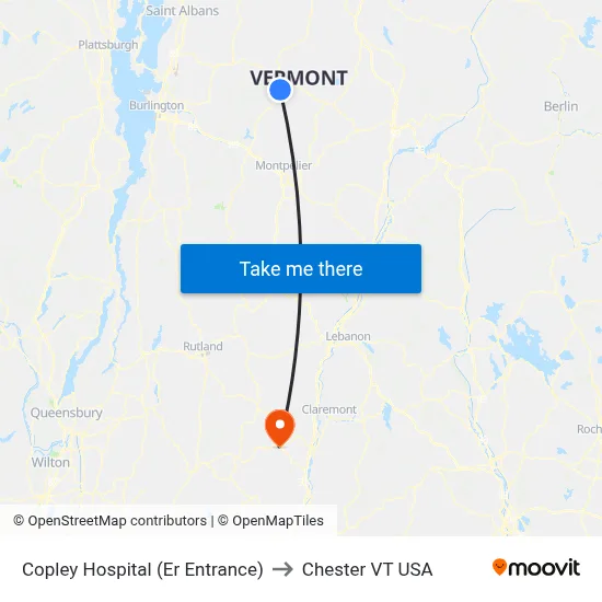 Copley Hospital (Er Entrance) to Chester VT USA map