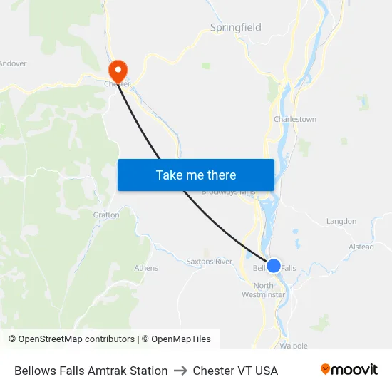Bellows Falls Amtrak Station to Chester VT USA map