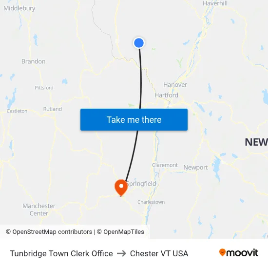 Tunbridge Town Clerk Office to Chester VT USA map