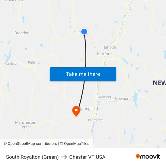 South Royalton (Green) to Chester VT USA map