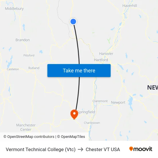 Vermont Technical College (Vtc) to Chester VT USA map