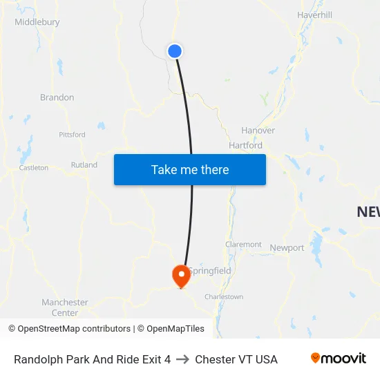 Randolph Park And Ride Exit 4 to Chester VT USA map