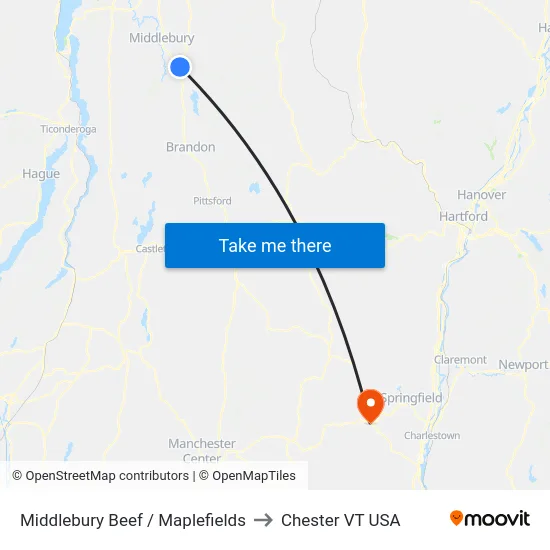 Middlebury Beef / Maplefields to Chester VT USA map