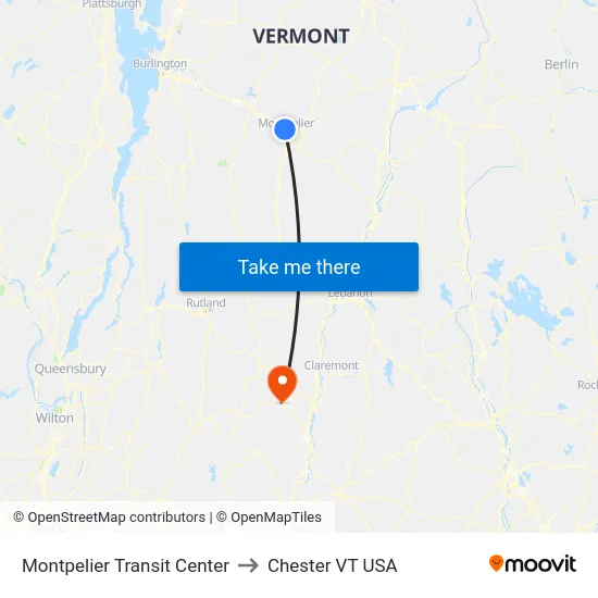 Montpelier Transit Center to Chester VT USA map
