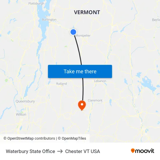 Waterbury State Office to Chester VT USA map