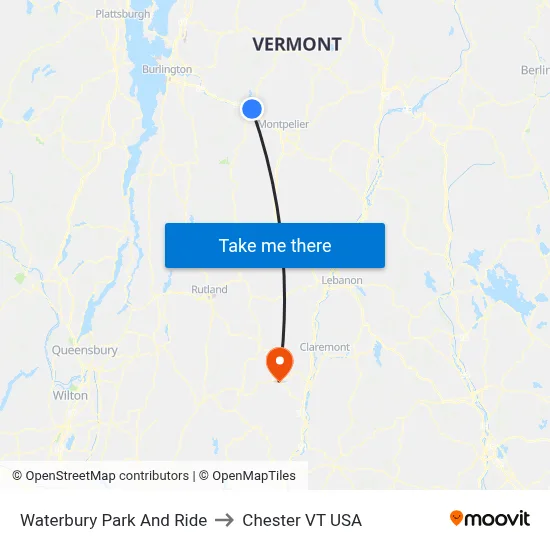 Waterbury Park And Ride to Chester VT USA map