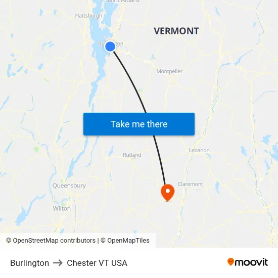 Burlington to Chester VT USA map