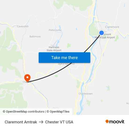 Claremont Amtrak to Chester VT USA map