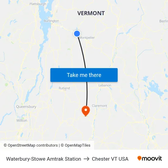 Waterbury-Stowe Amtrak Station to Chester VT USA map