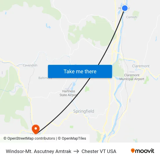 Windsor-Mt. Ascutney Amtrak to Chester VT USA map