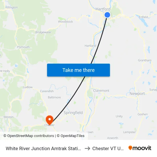 White River Junction Amtrak Station to Chester VT USA map