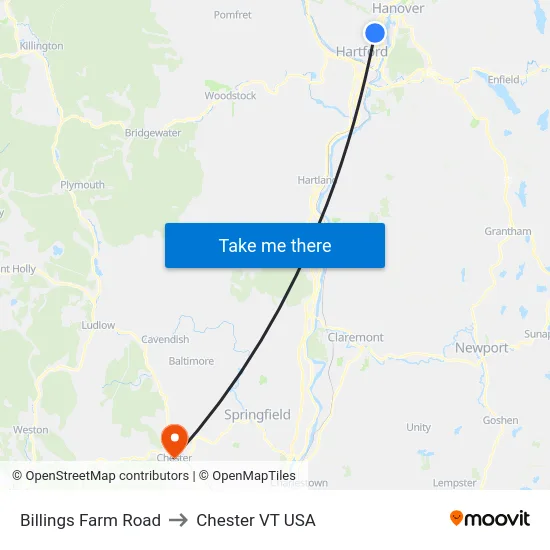 Billings Farm Road to Chester VT USA map