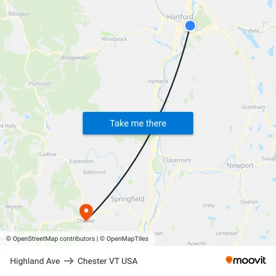 Highland Ave to Chester VT USA map