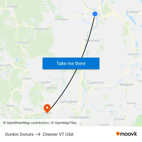 Dunkin Donuts to Chester VT USA map