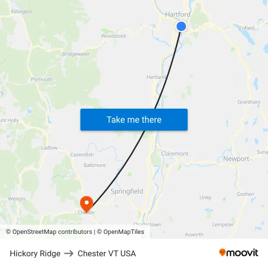 Hickory Ridge to Chester VT USA map