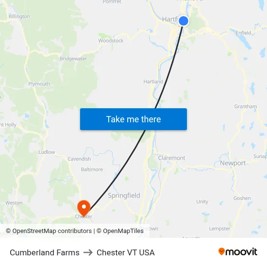 Cumberland Farms to Chester VT USA map