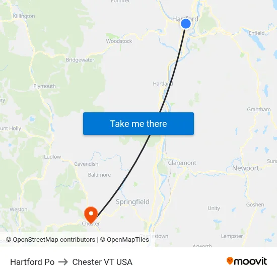 Hartford Po to Chester VT USA map