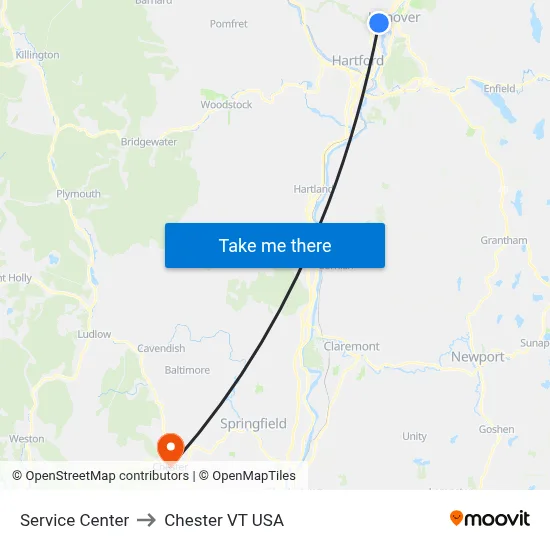 Service Center to Chester VT USA map