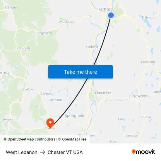 West Lebanon to Chester VT USA map