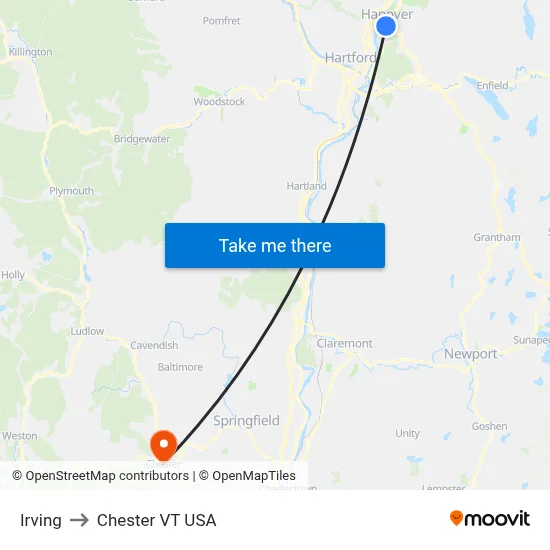 Irving to Chester VT USA map