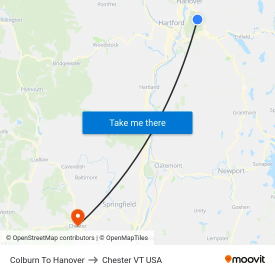 Colburn To Hanover to Chester VT USA map