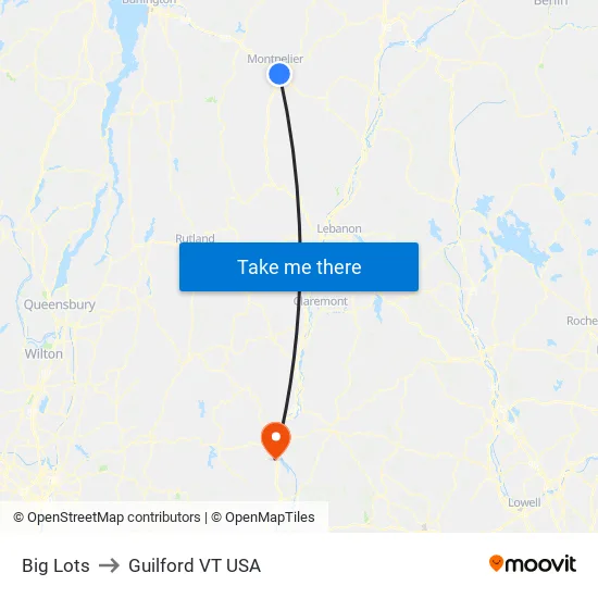 Big Lots to Guilford VT USA map