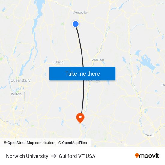 Norwich University to Guilford VT USA map