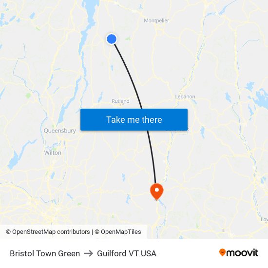 Bristol Town Green to Guilford VT USA map