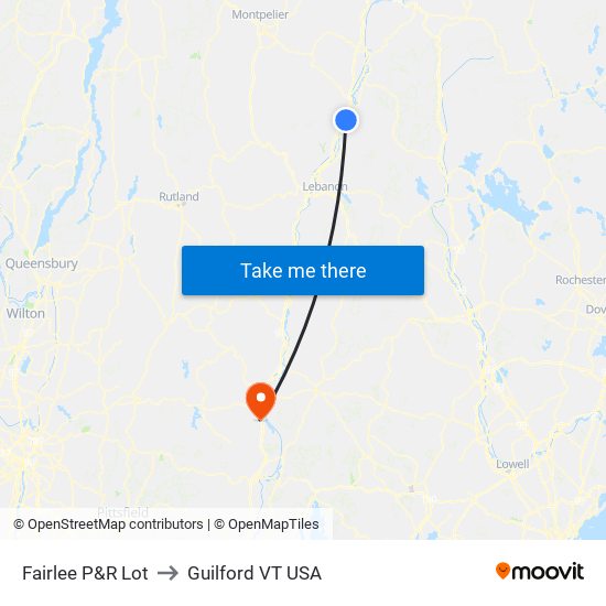 Fairlee P&R Lot to Guilford VT USA map