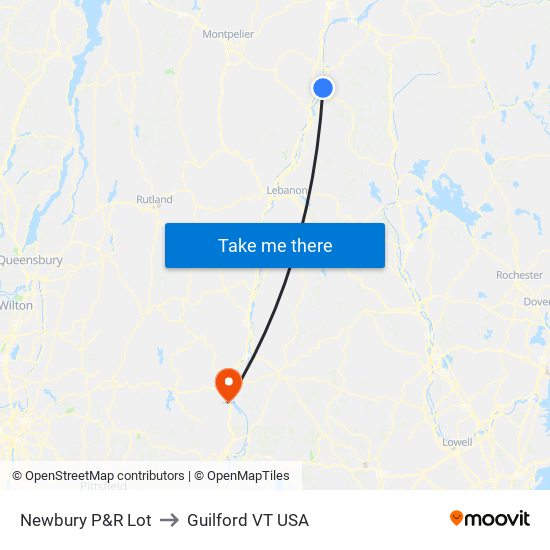 Newbury P&R Lot to Guilford VT USA map