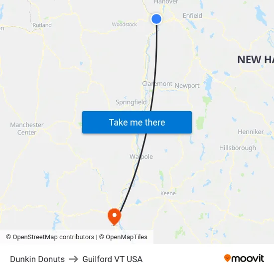 Dunkin Donuts to Guilford VT USA map