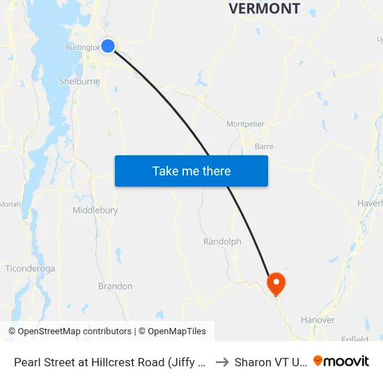 Pearl Street at Hillcrest Road (Jiffy Lube) to Sharon VT USA map