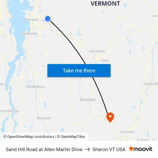 Sand Hill Road at Allen Martin Drive to Sharon VT USA map