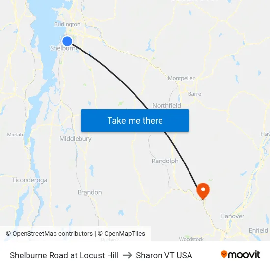 Shelburne Road at Locust Hill to Sharon VT USA map