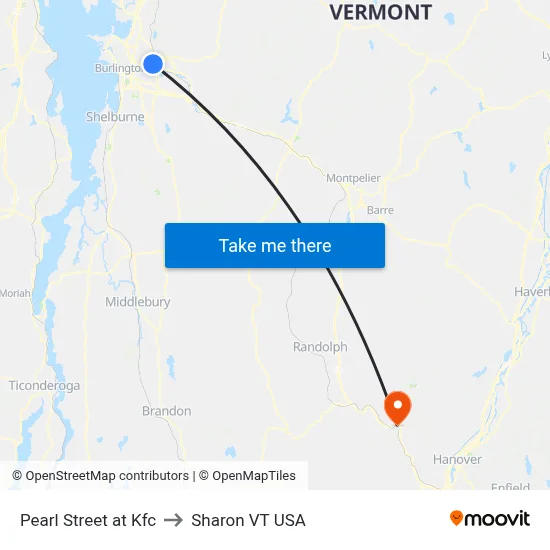 Pearl Street at Kfc to Sharon VT USA map