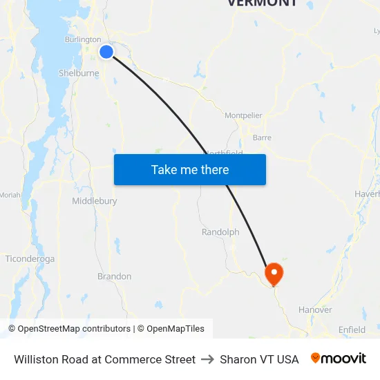 Williston Road at Commerce Street to Sharon VT USA map