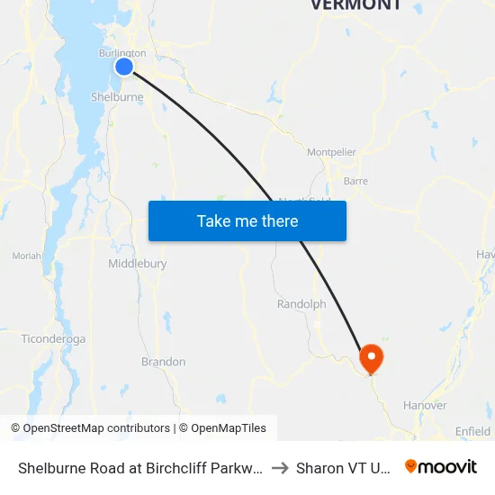 Shelburne Road at Birchcliff Parkway to Sharon VT USA map