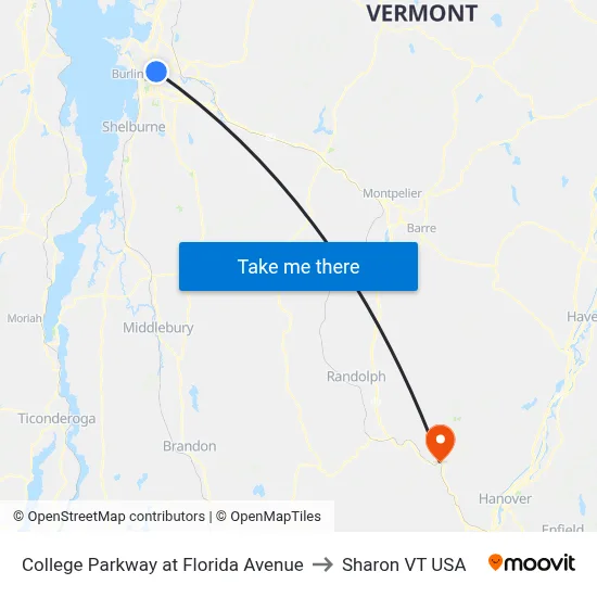 College Parkway at Florida Avenue to Sharon VT USA map