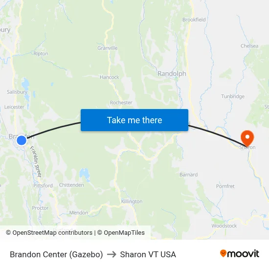 Brandon Center (Gazebo) to Sharon VT USA map