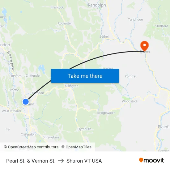 Pearl St. & Vernon St. to Sharon VT USA map