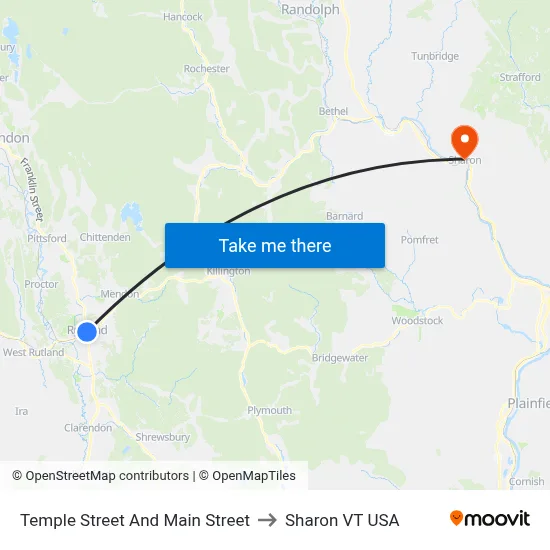 Temple Street And Main Street to Sharon VT USA map