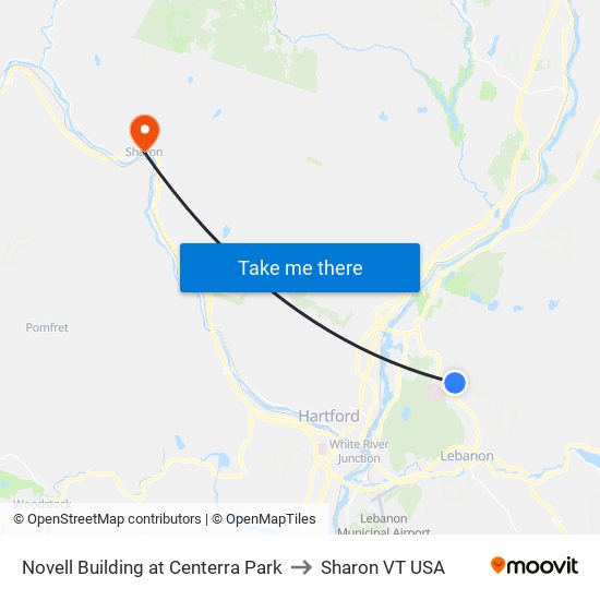 Novell Building at Centerra Park to Sharon VT USA map