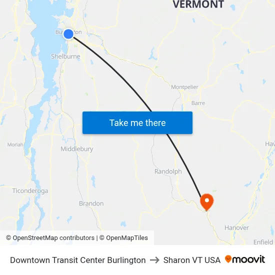 Downtown Transit Center Burlington to Sharon VT USA map