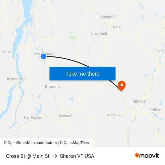 Cross St @ Main St to Sharon VT USA map