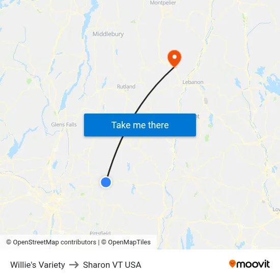 Willie's Variety to Sharon VT USA map