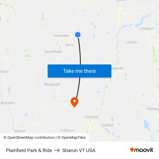 Plainfield Park & Ride to Sharon VT USA map