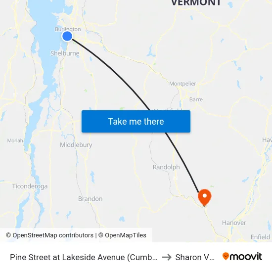 Pine Street at Lakeside Avenue (Cumberland Farms) to Sharon VT USA map
